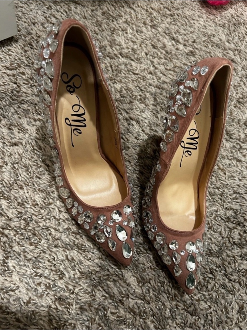 So Me Rose Pink Suede Pointed-Toe Pumps with Crystal Accents